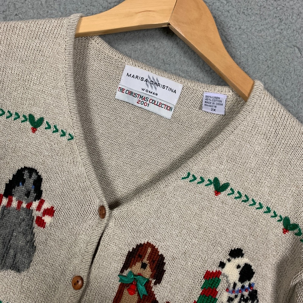 Marisa Christina Cardigan Plus 2X Tan‎ Christmas Collection 2001 Dog Print Linen - Picture 2 of 10
